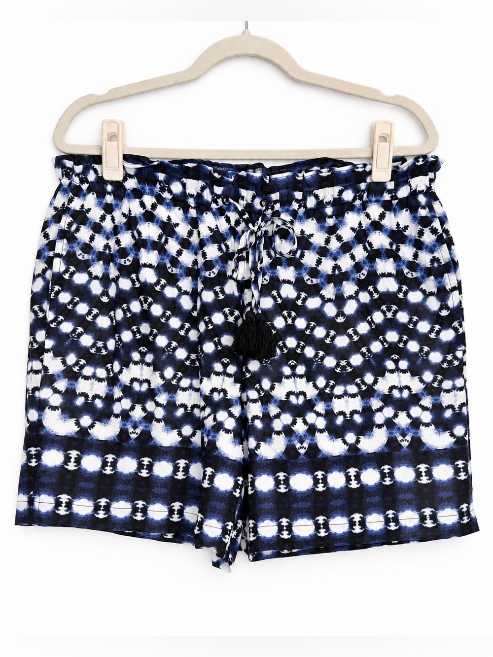 Talbots Women’s L Blue Black White Print Cotton Lined Tassel Tie Shorts